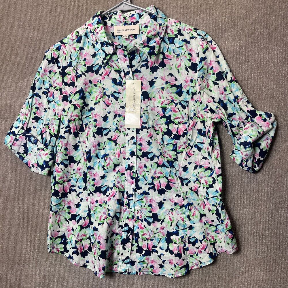 Jones New York Sport Top Womens M Ditsy Floral Button Up Vacation Resort Wear